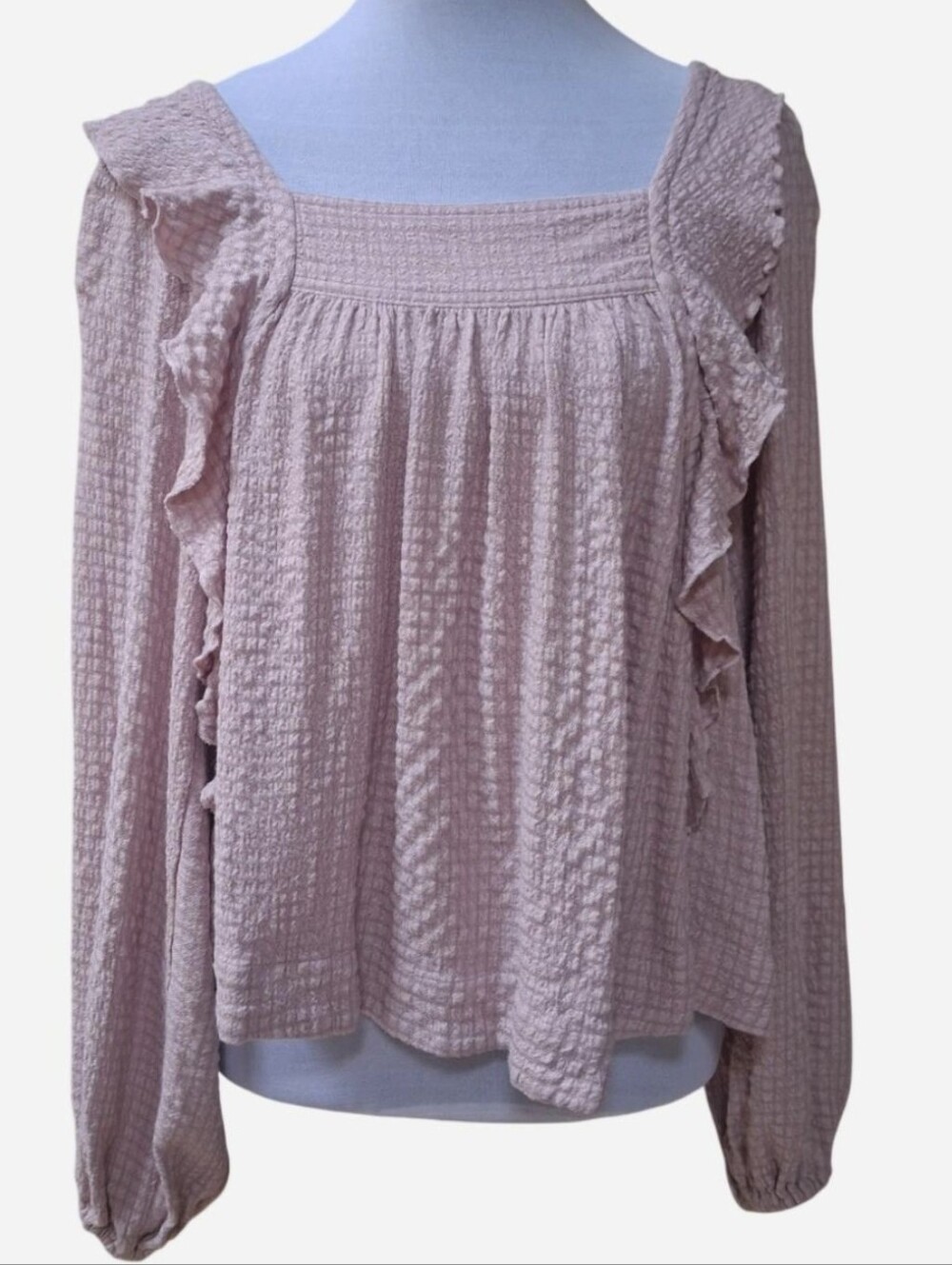 Free People Dusty Blush Smocked Square Neck Ruffle Blouse
